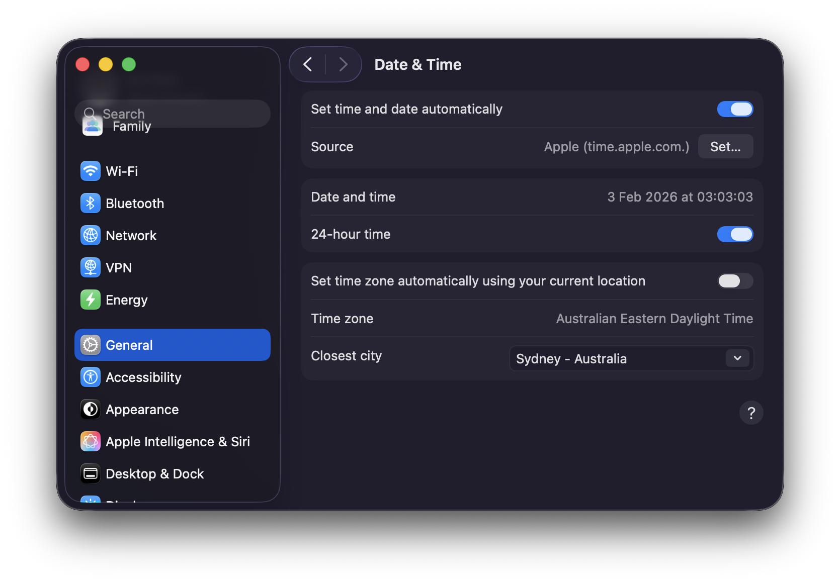 Figure showing that computer has been set to the time zone of Sydney, Australia.